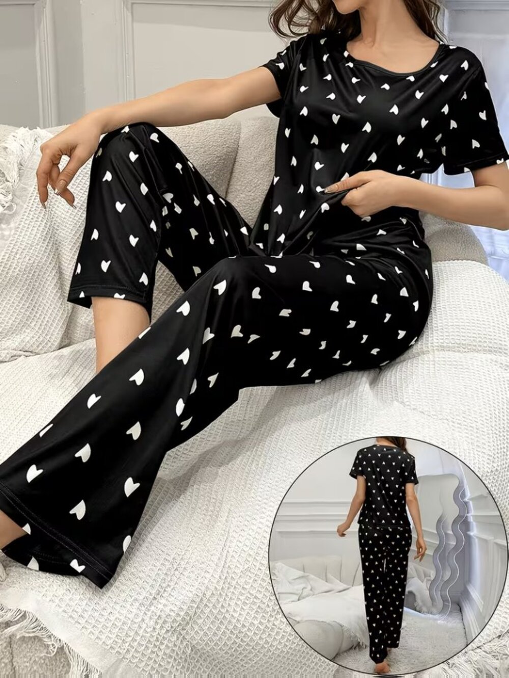PJ'S - BLACK WITH WHITE HEARTS - Picture 1 of 2